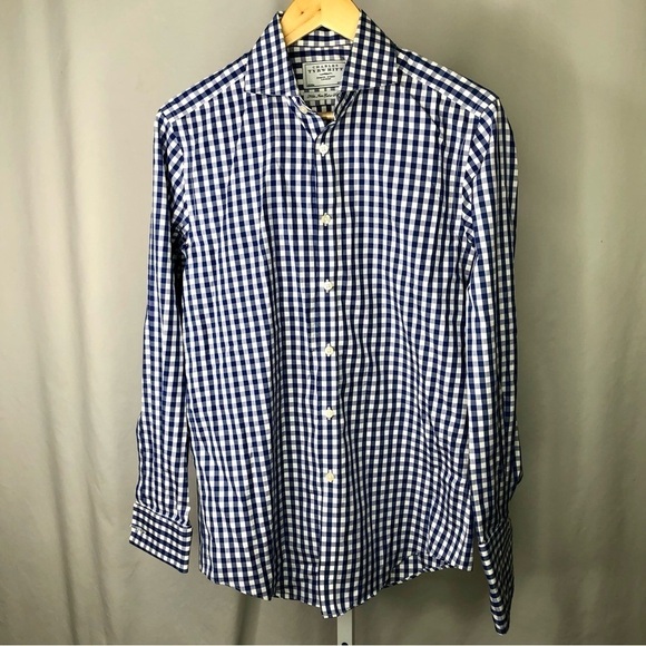 Charles Tyrwhitt non-iron extra slim fit button down shirt blue white gingham L